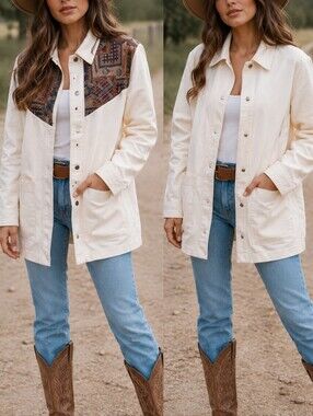 Vintage 2-in-1 Boho Western Removable Vest Cream Denim Jacket Shacket Prairie